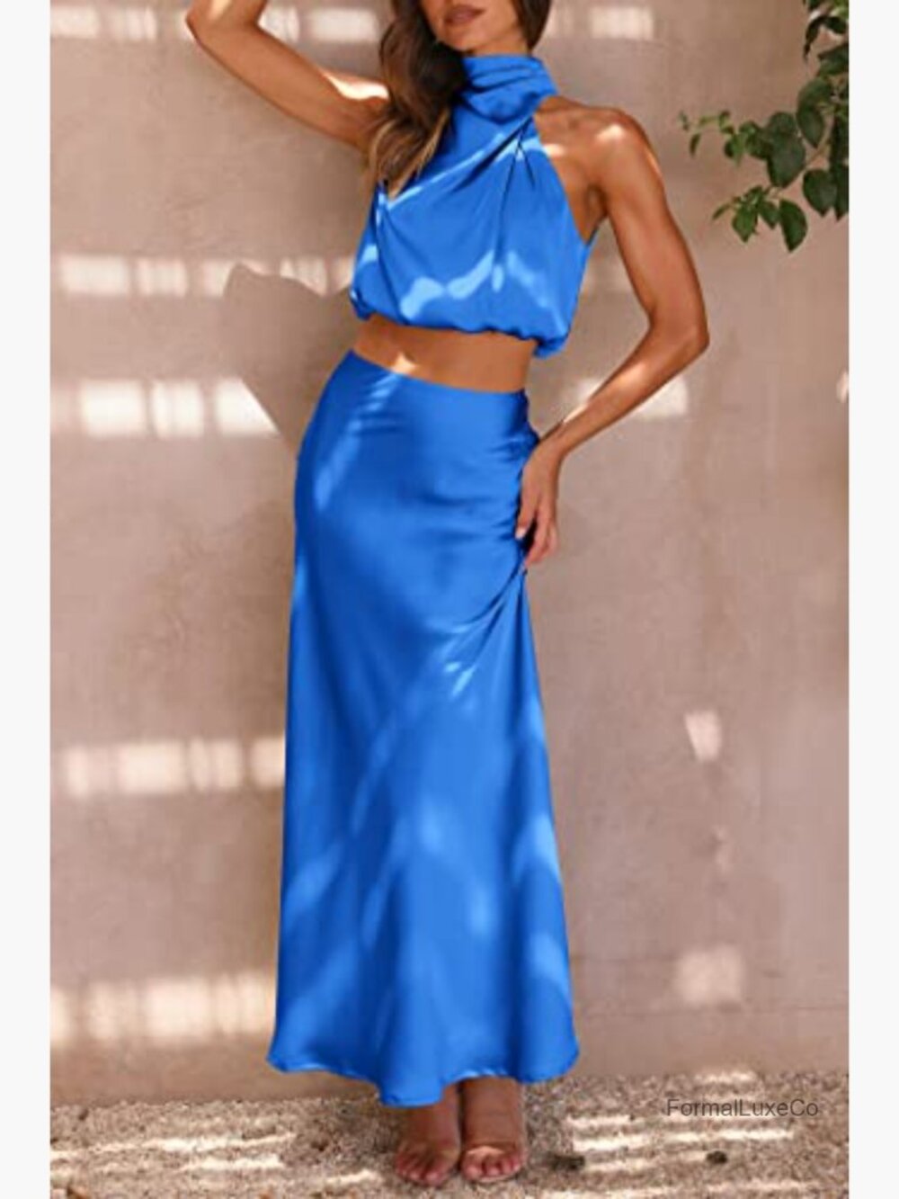 2 Piece Satin Mock Neck Crop Top & Maxi Skirt Set Summer Outfit - Picture 2 of 7
